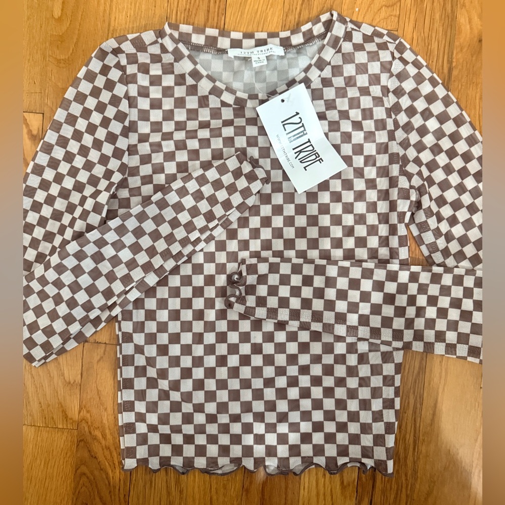 12th Tribe Brown Checkered Mesh Top S – Long Sleeve Sheer Y2K Aesthetic NWT
